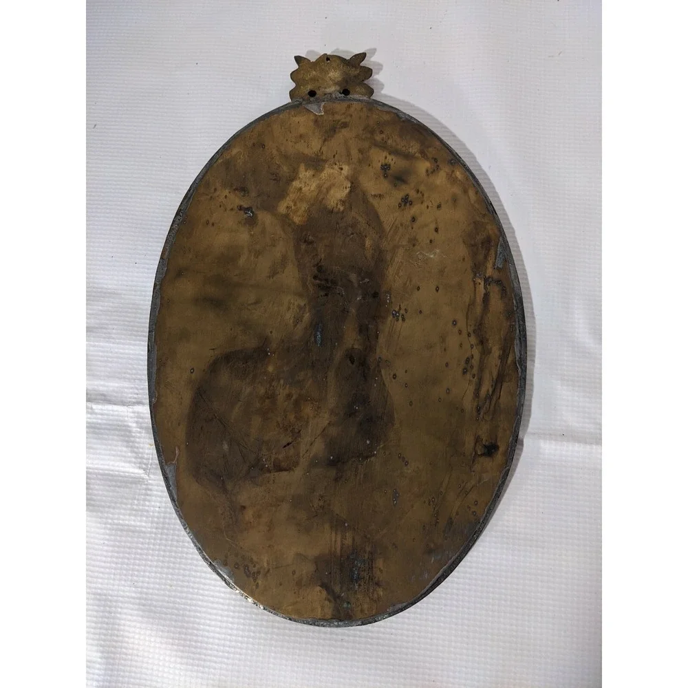 Vintage Solid Brass Oval Ornate Japanese Figure Plaque Wall Hanging 8